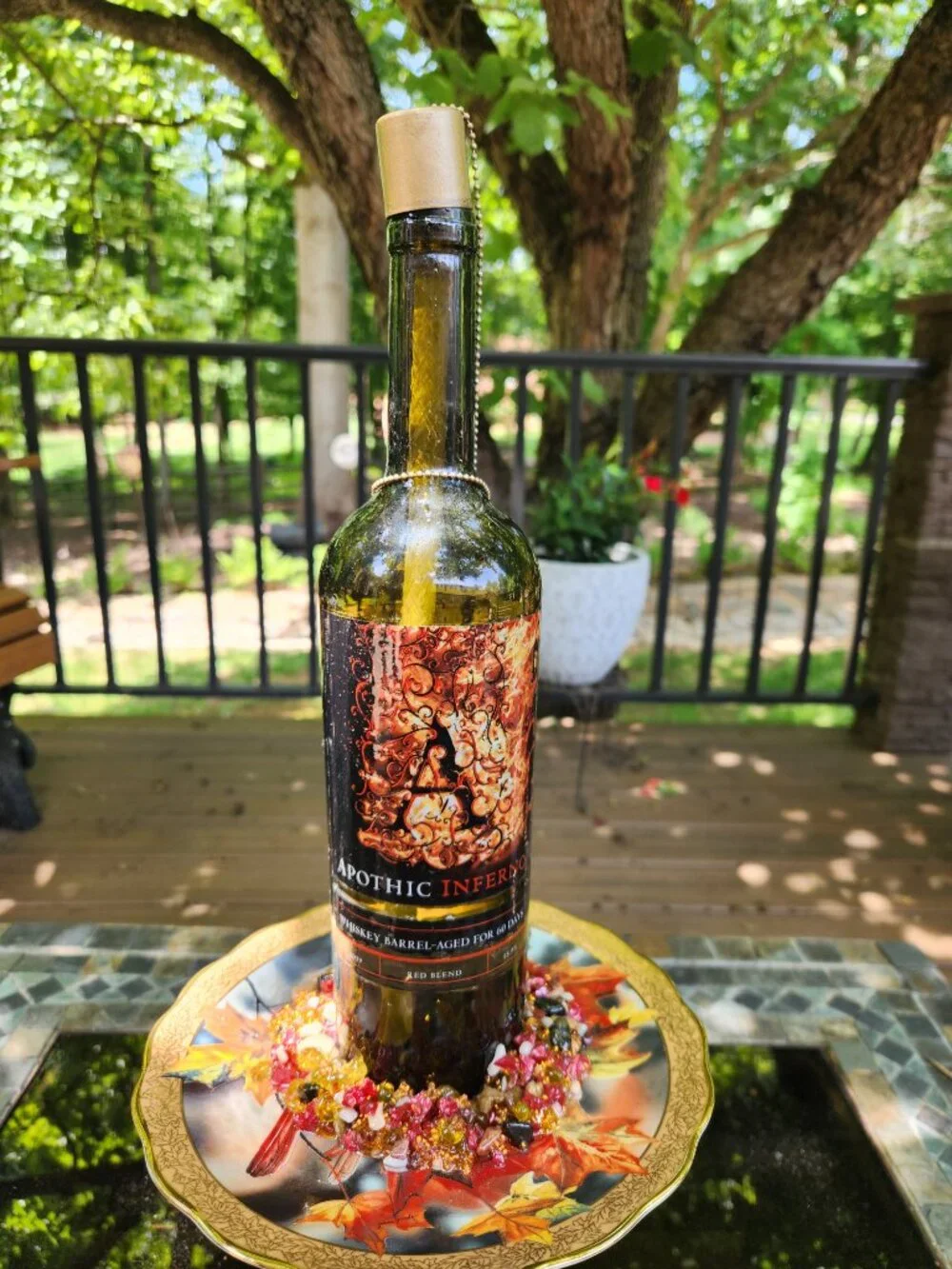 Upcycled Tiki Torch Wine Bottle Stone Bead Accent Flagstone Base